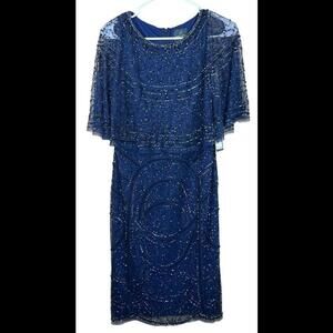 Adrianna Papell Navy Beaded  sheath dress with cape 6 NWT‎ Gorgeous